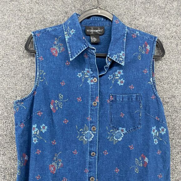 Requirements Dress Size L Blue Floral Linen Metal Button Up Peasant Ranch Farm - Picture 2 of 8
